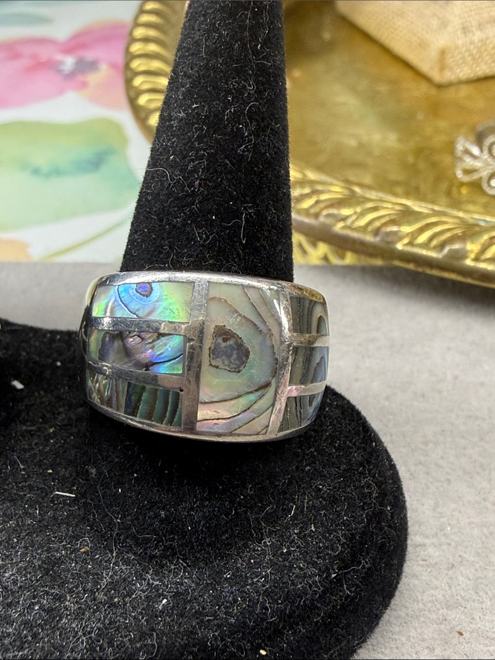 Abalone Inlay Wide Band Ring Sterling Sliver - Iridescent Green Blue